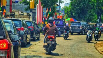 Bekasi, Indonesia on December 17 2023. Congestion occurred on Jalan Pekayon Bekasi, photo