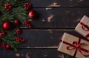 Top view photo Christmass flatlay gift boxes,red christmas tree toys and spruce brance on wooden background. Xmas backdrop with space for text.Copyspace.