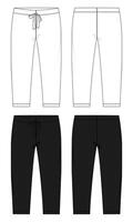 White and black color leggings pant technical drawing fashion flat sketch illustration template front and back views isolated on white background vector