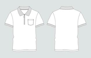 Short sleeve polo shirt technical drawing fashion flat sketch template front and back views vector