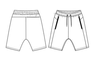 Sweat shorts pants technical drawing fashion flat sketch template front and back views vector