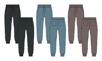 Black khaki and blue color sweatpants template front and back views isolated on white background. vector