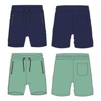Navy and green color sweat shorts pant illustration template front and back views vector