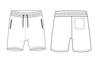 Sweat shorts pants technical drawing fashion flat sketch template front and back views vector