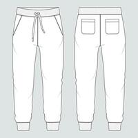 Fleece jersey Sweatpant technical fashion flat sketch template front and back views. Apparel jogger pants illustration mock up for man's and boys vector
