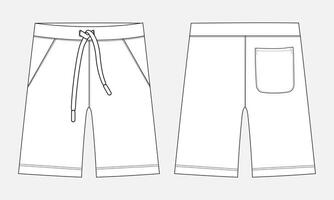Sweat shorts pant technical drawing fashion flat sketch template front and back views vector