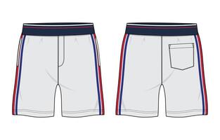 Sweat shorts pant technical drawing fashion flat sketch template front and back views vector