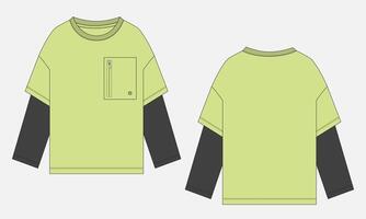 Two tone color long sleeve t shirt Neon color template front and back views vector