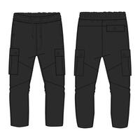 Fleece fabric Jogger Sweatpants technical drawing fashion flat sketch illustration black color template front, back views. vector