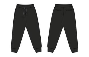 Fleece fabric Jogger Sweatpants technical drawing fashion flat sketch illustration black color template front, back views. vector