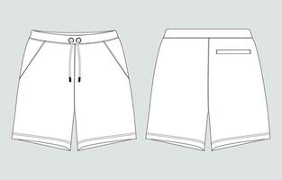 Sweat shorts pant technical drawing fashion flat sketch template front and back views vector