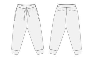 Sweatpants technical drawing fashion flat sketch template front and back views. vector