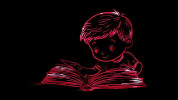 Neon frame effect, child reading book on black background video