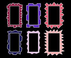 Color squiggle frames set. Zigzag wavy edges, retro frames, psychedelic rectangles, photo frames, mirror border. Groovy shapes set of wave borders. Isolated on black. vector