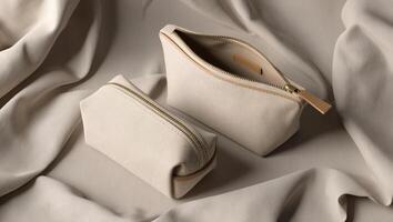 Detailed mock-up of a blank canvas pouch and cosmetic bag in 3D, with an isolated background of an empty fabric, linen or cotton purse. photo