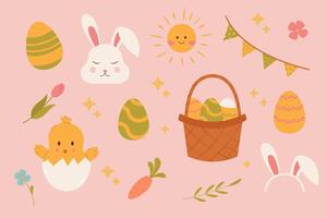 Cute Easter set with painted eggs, rabbit and chickens. vector