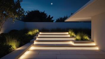Using LED Strip Lights for Minimalist Outdoor Spaces, Discuss how LED strip lights can be used in minimalist outdoor spaces to provide soft, even lighting along pathways, stairs, or under benches. photo