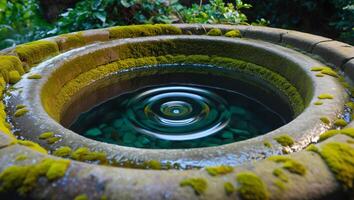 A stone well with clear water and a ripple in the center. photo