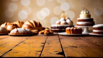 Wooden table surface in a bakery setting, blurred background with baked goods, ideal for culinary displays or restaurant themes. photo