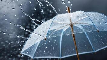 Close up transparent umbrella under rain against water drops splash background. Rainy weather concept. photo
