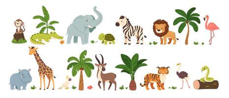 Jungle animals. Cute safari wild mammals. Funny exotic mammal, bird and reptile. Elephant, parrot, lion, crocodile, turtle and palm tree. Kids set vector