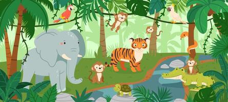 Jungle landscape with wild animals. Tropical rainforest background with savanna mammals. Exotic trees and leaves, palms with bird. Exotic jungle scene vector