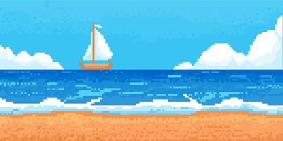 Pixel beach landscape with ship. 8-bit sea coast wave, cloud, sand. Game summer beautiful paradise, yacht in ocean panorama. Retro 2d background vector