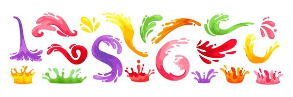 Juice splash. Cartoon drink splatters. Color fruit, vegetable, orange, apple, and berry splashing. Fresh juicy splashes shape, liquid wave, lemonade spiral. set vector