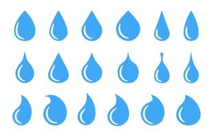 Water drops. Blue blob icons. Flat falling pure drop silhouettes. Clean isolated droplets, liquid juice and drink blobs, raindrop, nature drips shapes for logo set vector