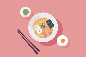Japanese Food with Chopsticks and Tea, Flat vector