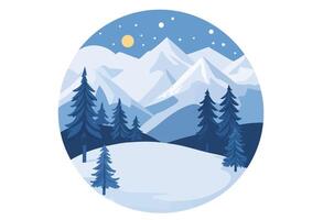 snowy mountains, pine trees, and a sky at night vector