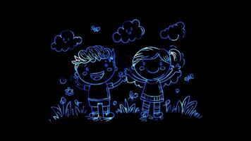 Neon frame effect, two children playing with hands raised on black background video