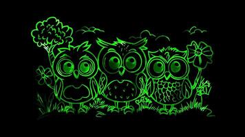 Neon frame effect, flock of owls on black background video