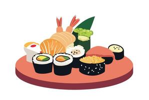 Sushi and Rolls on White Background, Flat vector