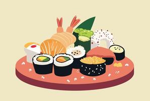 Sushi and Rolls on Light Yellow Background vector