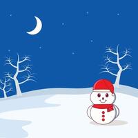 snowman in winter landscape with moon and trees. vector