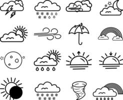 16 Weather Icons. Illustrations Sun, Clouds, Month, Eclipse, Rain Cloud, Rainbow, Tornado, Umbrella, Snow Cloud vector