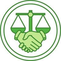 Green Fair Trade Icon. Icon of Libra and Handshake. Business, Partnership, Work Team and Information Concept vector
