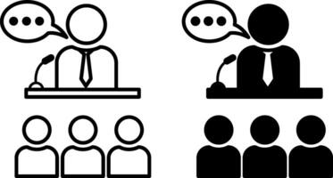 Briefing icons. Black and White Icons. Man with Microphone Tells Important Information to People. Business and Workshop Concept vector