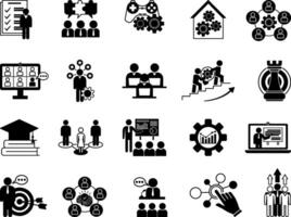 Black Workshop Icons Set. Icons Team Building, Collaboration, Training, Testing, Goals, Skill Development, Productivity, Brainstorming and Other vector