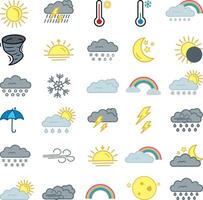 Set of 30 Colored Weather Icons. Collection of Meteorological Symbols. vector