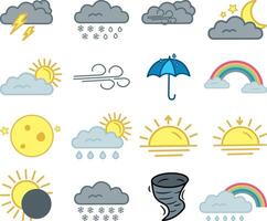 16 Color Weather Icons. Illustrations Sun, Clouds, Month, Eclipse, Rain Cloud, Rainbow, Tornado, Umbrella, Snow Cloud vector