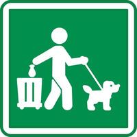 Green Sign Please Clean Up After Your Dog Poop. Warning Sign. Man Throwing Bag Of Dog Feces Into Trash Can vector