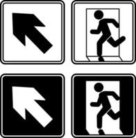Signs Emergency Exit Pointing Up. Black and White Icons. Warning Sign. Man Running Towards Door. Emergency Evacuation Symbol vector