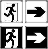 Signs Emergency Exit Pointing Right. Black And White Icons. Warning Sign. Man Running Towards Door. Emergency Evacuation Symbol vector