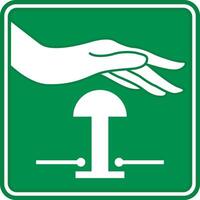 Green Sign Emergency Stop Push Button. Evacuation Sign. Industrial Safety, Observe Work Rules at the Facility. Emergency Situation vector