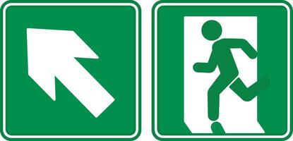 Green Emergency Exit Sign Pointing Up. Warning Sign. Man Running Towards Door. Emergency Evacuation Symbol vector
