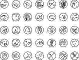 Labels for Cat Food Packaging. Icons Low Calorie, Tuna, Chicken, Beef, Lamb, Omega, Turkey, Fish, No Artificial Colors, Strong Immunity, Shiny Coat, Vitamins, and More vector
