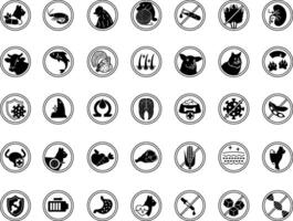 Black Labels for Cat Food Packaging. Icons Low Calorie, Tuna, Chicken, Beef, Lamb, Omega, Turkey, Fish, No Artificial Colors, Strong Immunity, Shiny Coat, Vitamins, and More vector