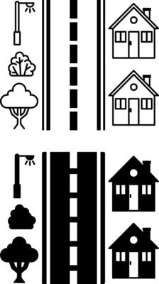 Street Icons. Black and White Icons. Houses Along Highway, Trees, and Street Light. Road Concept